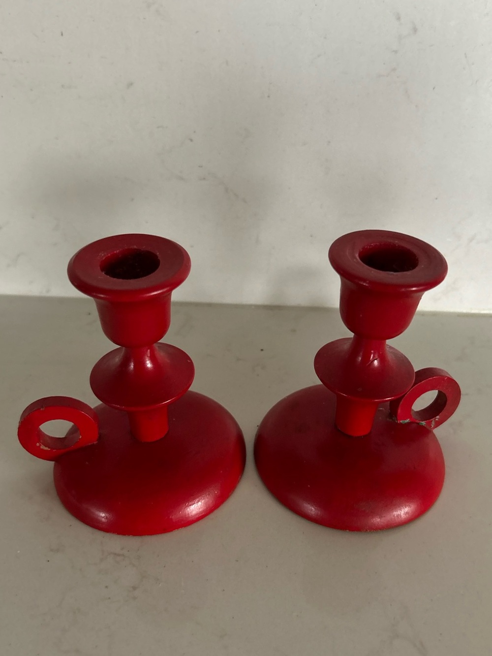 Vintage Scandinavian Style Red Wooden Chamberstick Candlestick Pair